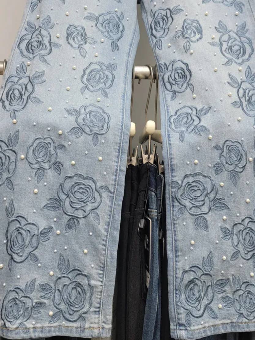 Pearled Rose Embroidered Flares