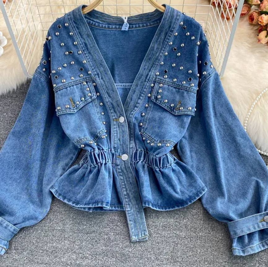 Studded Sweetheart Peplum Denim Jacket