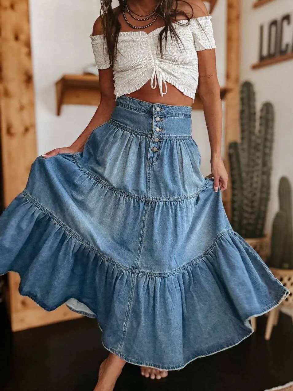 Wildflower Tiered Denim Maxi Skirt