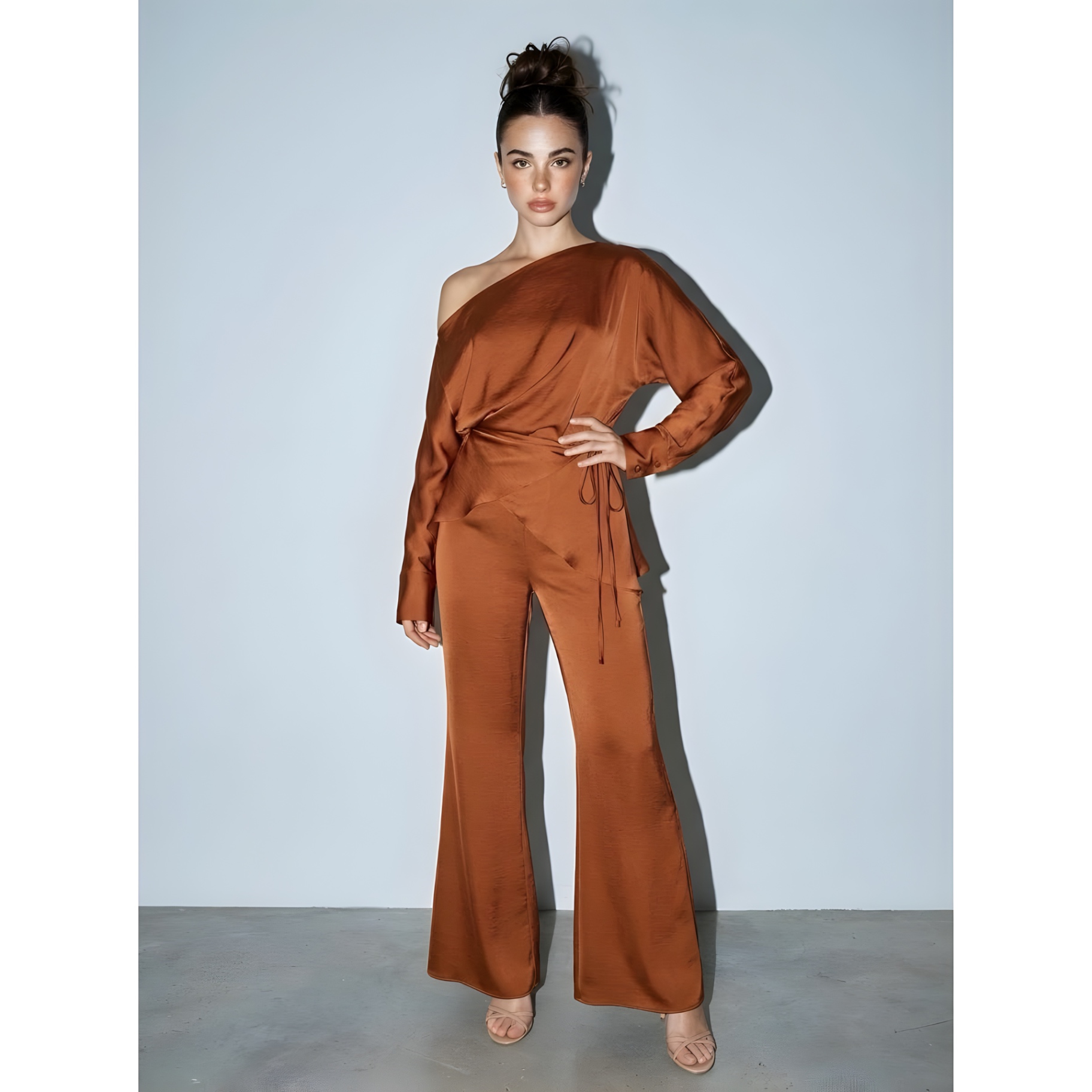 Spiced Rum Off-Shoulder Satin Set
