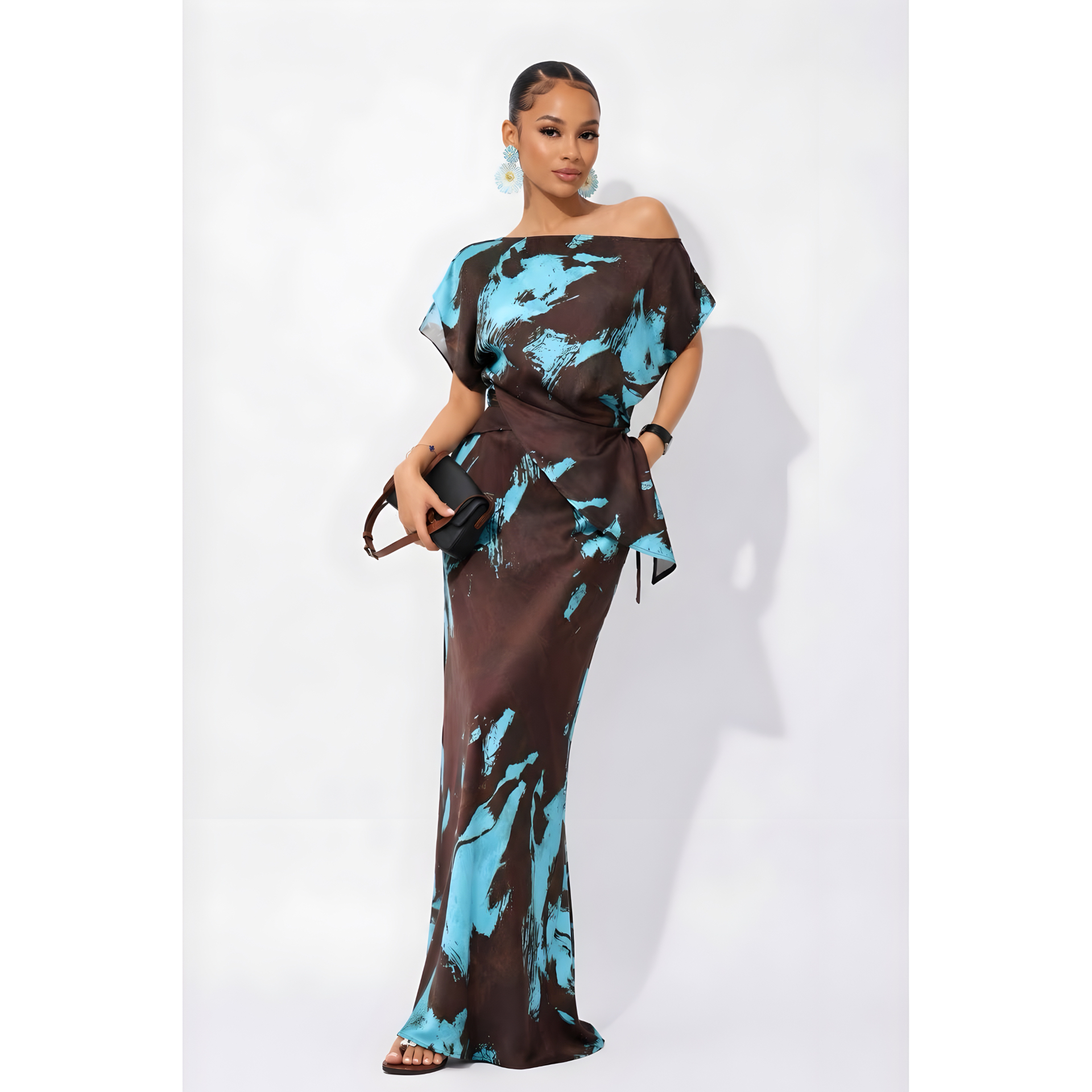 Tidal Brushstroke Off-Shoulder Maxi