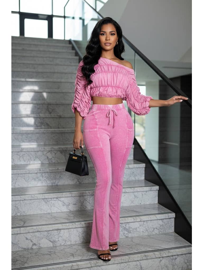 Ruched Off-Shoulder Flare Set